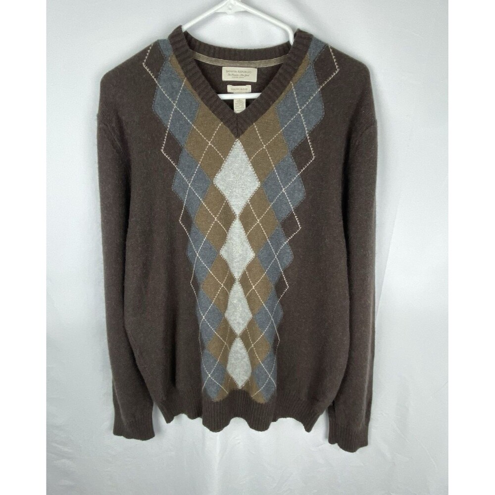 Banana Republic Sweater Mens Large‎ Angora Cotton Cashmere Argyle Brown Luxury